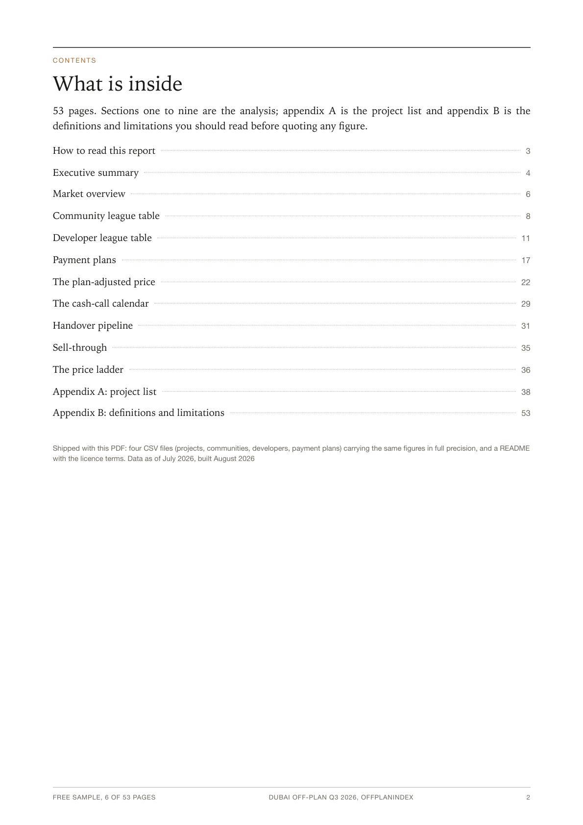 Contents page of the 53 page Dubai Off-Plan Q3 2026 report, listing its nine sections and two appendices